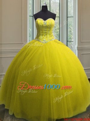 Yellow Ball Gowns Sweetheart Sleeveless Tulle Floor Length Lace Up Beading and Sequins 15 Quinceanera Dress