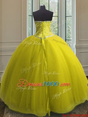 Yellow Ball Gowns Sweetheart Sleeveless Tulle Floor Length Lace Up Beading and Sequins 15 Quinceanera Dress