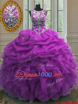Purple Vestidos de Quinceanera Military Ball and Sweet 16 and Quinceanera and For with Beading and Ruffles and Pick Ups Scoop Sleeveless Lace Up