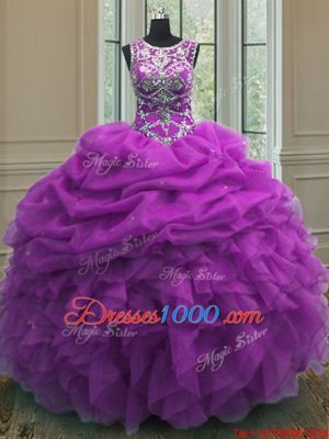 Purple Vestidos de Quinceanera Military Ball and Sweet 16 and Quinceanera and For with Beading and Ruffles and Pick Ups Scoop Sleeveless Lace Up