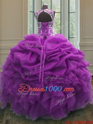 Purple Vestidos de Quinceanera Military Ball and Sweet 16 and Quinceanera and For with Beading and Ruffles and Pick Ups Scoop Sleeveless Lace Up