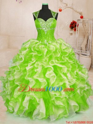 Colorful Sleeveless Floor Length Beading and Ruffles Lace Up 15th Birthday Dress with Multi-color