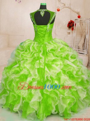 Colorful Sleeveless Floor Length Beading and Ruffles Lace Up 15th Birthday Dress with Multi-color