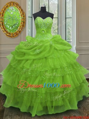 Yellow Green Sleeveless Floor Length Beading and Ruffled Layers and Pick Ups Lace Up Quinceanera Dresses