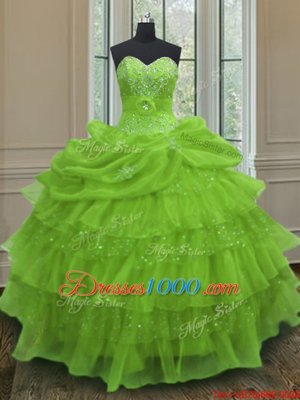 Yellow Green Sleeveless Floor Length Beading and Ruffled Layers and Pick Ups Lace Up Quinceanera Dresses
