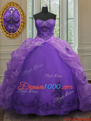 Vintage Purple Organza Lace Up Sweetheart Sleeveless With Train Sweet 16 Quinceanera Dress Court Train Beading and Appliques and Pick Ups