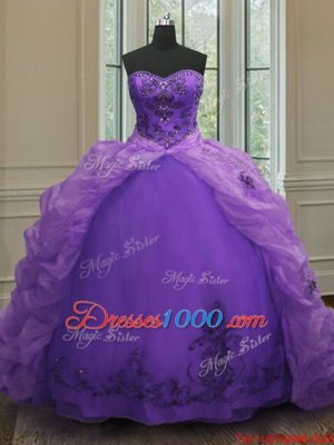 Vintage Purple Organza Lace Up Sweetheart Sleeveless With Train Sweet 16 Quinceanera Dress Court Train Beading and Appliques and Pick Ups