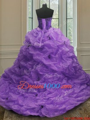 Vintage Purple Organza Lace Up Sweetheart Sleeveless With Train Sweet 16 Quinceanera Dress Court Train Beading and Appliques and Pick Ups