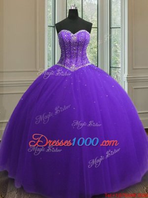 Delicate Purple 15 Quinceanera Dress Military Ball and Sweet 16 and Quinceanera and For with Beading and Sequins Sweetheart Sleeveless Lace Up