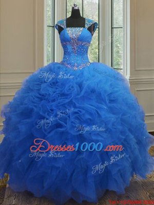 Spectacular Sequins Royal Blue Cap Sleeves Organza Lace Up Quinceanera Gown for Military Ball and Sweet 16 and Quinceanera