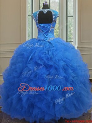 Spectacular Sequins Royal Blue Cap Sleeves Organza Lace Up Quinceanera Gown for Military Ball and Sweet 16 and Quinceanera