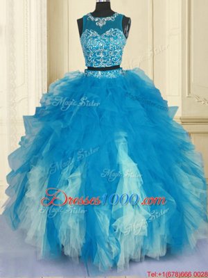 Ideal Scoop Blue And White Zipper Sweet 16 Dresses Beading and Ruffles Sleeveless Floor Length