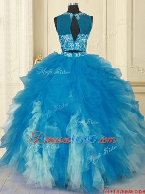 Ideal Scoop Blue And White Zipper Sweet 16 Dresses Beading and Ruffles Sleeveless Floor Length