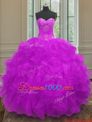 Traditional Purple Sweetheart Neckline Beading and Embroidery and Ruffles Vestidos de Quinceanera Sleeveless Lace Up