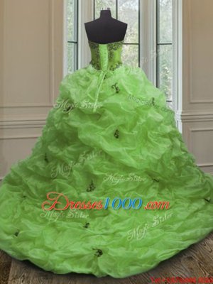 Enchanting Organza Lace Up Sweet 16 Dress Sleeveless With Train Court Train Beading and Appliques and Pick Ups