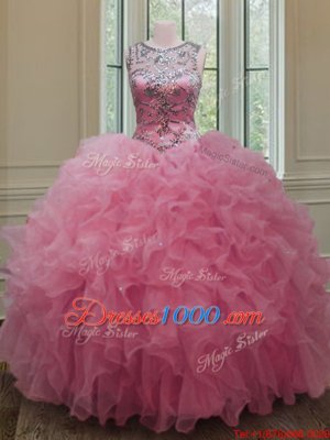 Scoop Beading and Ruffles Quince Ball Gowns Rose Pink Lace Up Sleeveless Floor Length