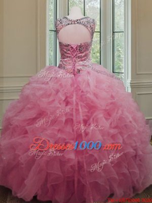 Scoop Beading and Ruffles Quince Ball Gowns Rose Pink Lace Up Sleeveless Floor Length