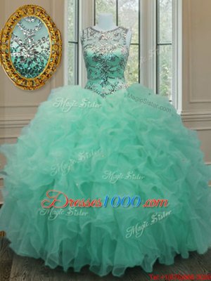 Charming Scoop Sleeveless Lace Up Quinceanera Gown Apple Green Organza