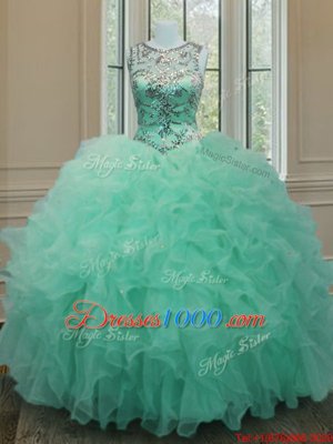 Charming Scoop Sleeveless Lace Up Quinceanera Gown Apple Green Organza