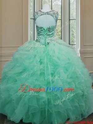 Charming Scoop Sleeveless Lace Up Quinceanera Gown Apple Green Organza