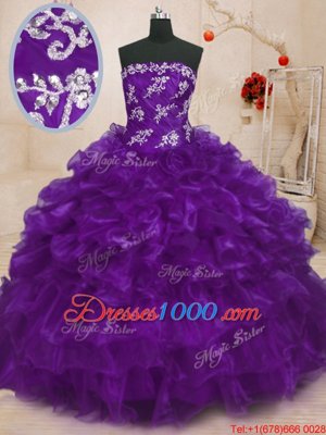 Popular Purple Ball Gowns Strapless Sleeveless Organza Floor Length Lace Up Beading and Appliques and Ruffles Quinceanera Dress