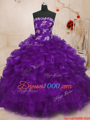 Popular Purple Ball Gowns Strapless Sleeveless Organza Floor Length Lace Up Beading and Appliques and Ruffles Quinceanera Dress