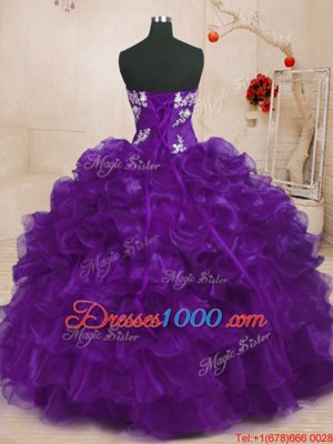 Popular Purple Ball Gowns Strapless Sleeveless Organza Floor Length Lace Up Beading and Appliques and Ruffles Quinceanera Dress