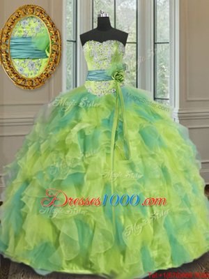 Dynamic Floor Length Lace Up Vestidos de Quinceanera Multi-color and In for Military Ball and Sweet 16 and Quinceanera with Beading and Appliques and Ruffles and Sashes|ribbons and Hand Made Flower