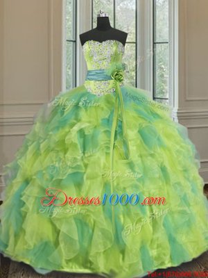 Dynamic Floor Length Lace Up Vestidos de Quinceanera Multi-color and In for Military Ball and Sweet 16 and Quinceanera with Beading and Appliques and Ruffles and Sashes|ribbons and Hand Made Flower