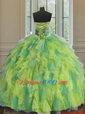 Dynamic Floor Length Lace Up Vestidos de Quinceanera Multi-color and In for Military Ball and Sweet 16 and Quinceanera with Beading and Appliques and Ruffles and Sashes|ribbons and Hand Made Flower