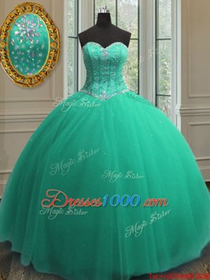 Great Sequins Floor Length Ball Gowns Sleeveless Turquoise Quinceanera Gown Lace Up