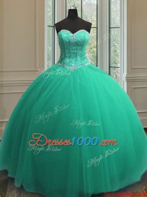 Great Sequins Floor Length Ball Gowns Sleeveless Turquoise Quinceanera Gown Lace Up