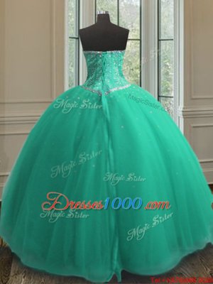 Great Sequins Floor Length Ball Gowns Sleeveless Turquoise Quinceanera Gown Lace Up