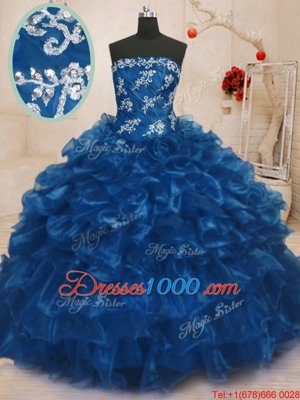 Navy Blue Strapless Neckline Beading and Appliques and Ruffles Quinceanera Dress Sleeveless Lace Up