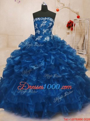 Navy Blue Strapless Neckline Beading and Appliques and Ruffles Quinceanera Dress Sleeveless Lace Up