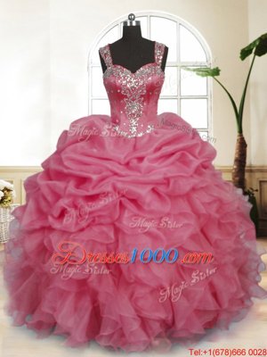 Decent Pink Ball Gowns Straps Sleeveless Organza Floor Length Zipper Beading and Ruffles and Pick Ups 15 Quinceanera Dress