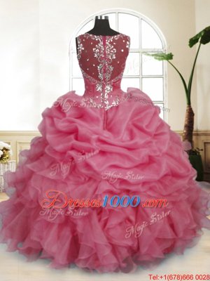 Decent Pink Ball Gowns Straps Sleeveless Organza Floor Length Zipper Beading and Ruffles and Pick Ups 15 Quinceanera Dress