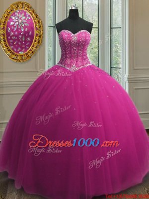 Fuchsia Sweetheart Lace Up Beading and Sequins Quinceanera Gown Sleeveless