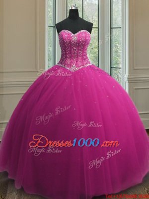 Fuchsia Sweetheart Lace Up Beading and Sequins Quinceanera Gown Sleeveless