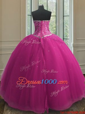 Fuchsia Sweetheart Lace Up Beading and Sequins Quinceanera Gown Sleeveless