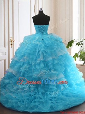 Ideal Sleeveless Sweep Train Beading and Ruffled Layers Lace Up Vestidos de Quinceanera