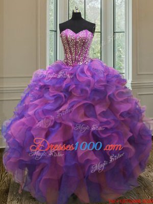 Custom Designed Multi-color Sleeveless Floor Length Beading and Ruffles Lace Up 15th Birthday Dress