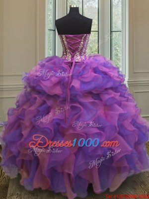 Custom Designed Multi-color Sleeveless Floor Length Beading and Ruffles Lace Up 15th Birthday Dress