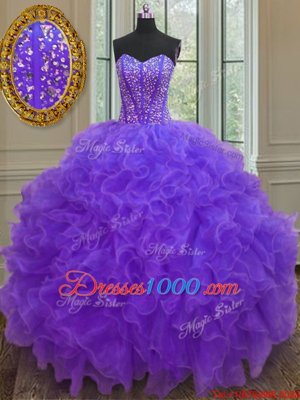 Exquisite Purple Sleeveless Organza Lace Up 15th Birthday Dress for Military Ball and Sweet 16 and Quinceanera