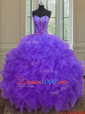 Exquisite Purple Sleeveless Organza Lace Up 15th Birthday Dress for Military Ball and Sweet 16 and Quinceanera