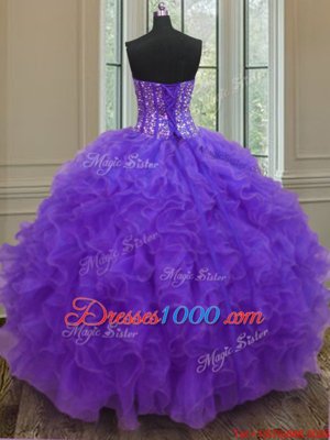 Exquisite Purple Sleeveless Organza Lace Up 15th Birthday Dress for Military Ball and Sweet 16 and Quinceanera