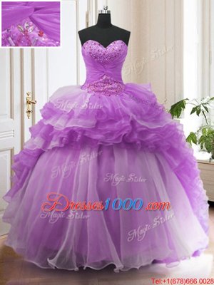 Sleeveless Organza Sweep Train Lace Up Vestidos de Quinceanera in Purple for with Beading and Ruffled Layers