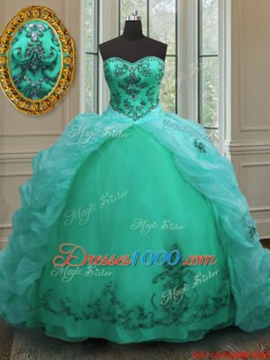 Fantastic With Train Turquoise Quinceanera Dress Organza Court Train Sleeveless Beading and Appliques and Pick Ups