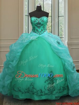 Fantastic With Train Turquoise Quinceanera Dress Organza Court Train Sleeveless Beading and Appliques and Pick Ups