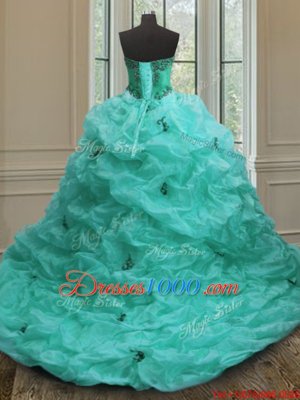 Fantastic With Train Turquoise Quinceanera Dress Organza Court Train Sleeveless Beading and Appliques and Pick Ups